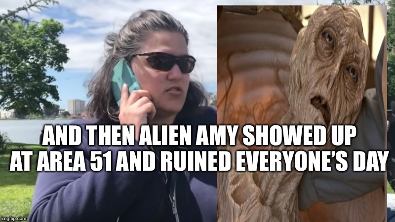 BBQ Becky | AND THEN ALIEN AMY SHOWED UP AT AREA 51 AND RUINED EVERYONE’S DAY | image tagged in bbq becky | made w/ Imgflip meme maker