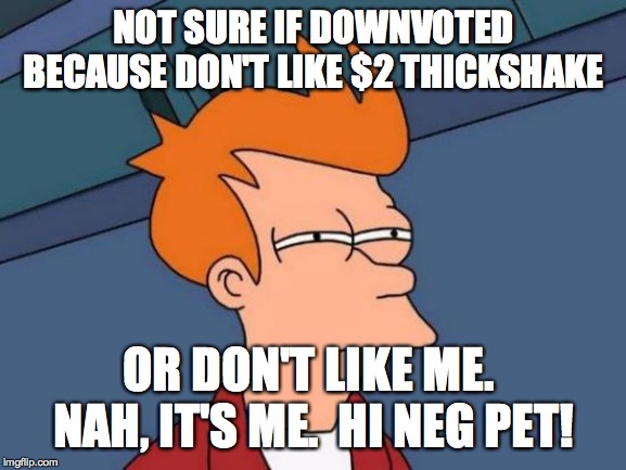 Futurama Fry Meme | NOT SURE IF DOWNVOTED BECAUSE DON'T LIKE $2 THICKSHAKE; OR DON'T LIKE ME.  NAH, IT'S ME.  HI NEG PET! | image tagged in memes,futurama fry | made w/ Imgflip meme maker