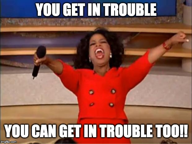 Oprah You Get A Meme | YOU GET IN TROUBLE YOU CAN GET IN TROUBLE TOO!! | image tagged in memes,oprah you get a | made w/ Imgflip meme maker