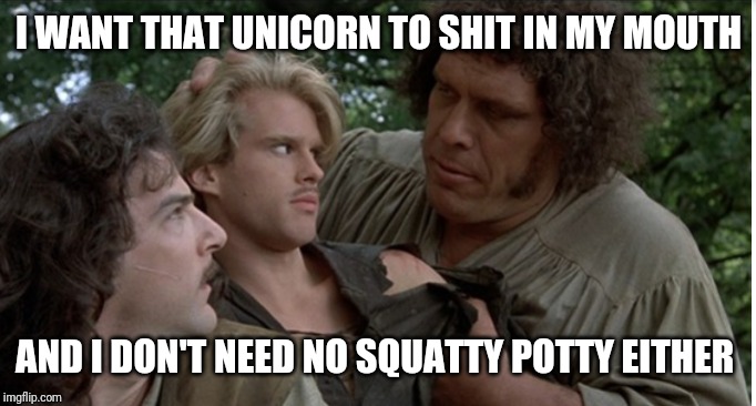Princess squaty potty | I WANT THAT UNICORN TO SHIT IN MY MOUTH; AND I DON'T NEED NO SQUATTY POTTY EITHER | image tagged in princess squaty potty | made w/ Imgflip meme maker