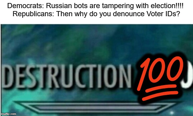 Destruction 100 | Democrats: Russian bots are tampering with election!!!! 
Republicans: Then why do you denounce Voter IDs? 💯 | image tagged in destruction 100 | made w/ Imgflip meme maker