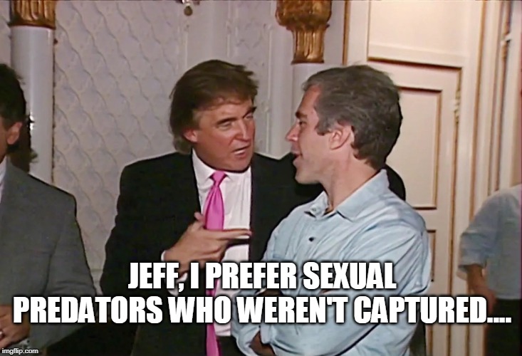 Jeff, I prefer sexual predators who weren't captured.... | JEFF, I PREFER SEXUAL PREDATORS WHO WEREN'T CAPTURED.... | image tagged in jeff epstein,donald trump,pedophile,sexual predator | made w/ Imgflip meme maker