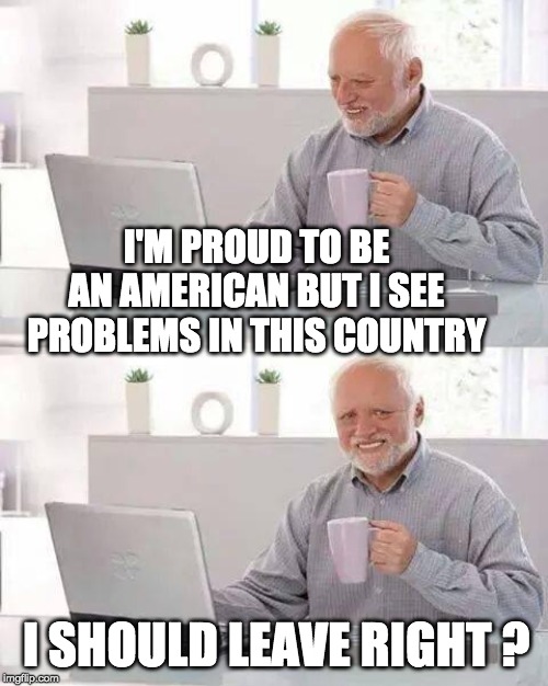 go back to where you came from harold! | I'M PROUD TO BE AN AMERICAN BUT I SEE PROBLEMS IN THIS COUNTRY; I SHOULD LEAVE RIGHT ? | image tagged in memes,hide the pain harold | made w/ Imgflip meme maker