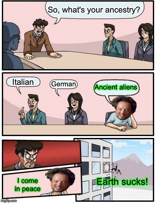I don't know if throwing aliens out of windows is a really good idea. | So, what's your ancestry? Ancient aliens; Italian; German; Earth sucks! I come in peace | image tagged in memes,boardroom meeting suggestion,ancient aliens,funny | made w/ Imgflip meme maker