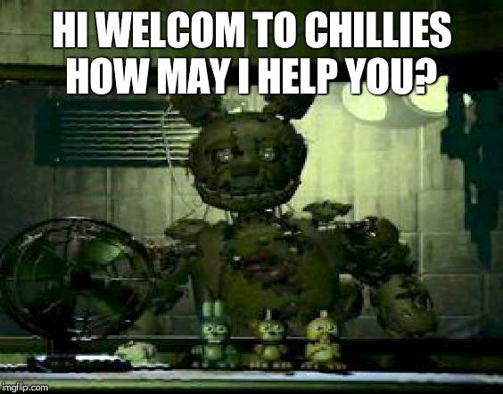 FNAF Springtrap in window | HI WELCOM TO CHILLIES HOW MAY I HELP YOU? | image tagged in fnaf springtrap in window | made w/ Imgflip meme maker