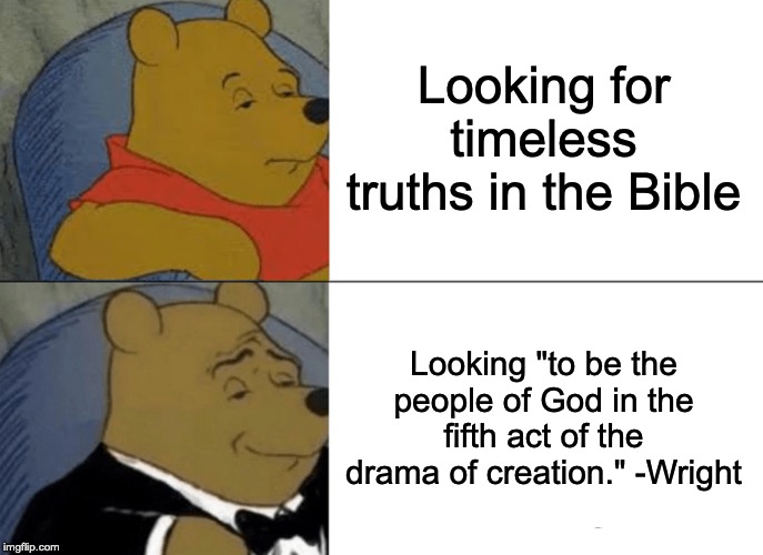Tuxedo Winnie The Pooh | Looking for timeless truths in the Bible; Looking "to be the people of God in the fifth act of the drama of creation." -Wright | image tagged in memes,tuxedo winnie the pooh | made w/ Imgflip meme maker