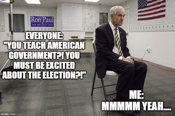 Ron Paul dissapoint | EVERYONE:
"YOU TEACH AMERICAN GOVERNMENT?! YOU MUST BE EXCITED ABOUT THE ELECTION?!"; ME:
MMMMM YEAH.... | image tagged in ron paul dissapoint | made w/ Imgflip meme maker