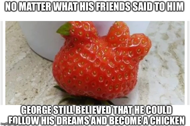 The Magnificent Chickenberry | NO MATTER WHAT HIS FRIENDS SAID TO HIM; GEORGE STILL BELIEVED THAT HE COULD FOLLOW HIS DREAMS AND BECOME A CHICKEN | image tagged in strawberry,chicken,dreams | made w/ Imgflip meme maker