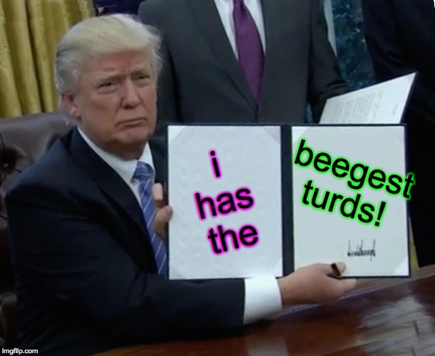 Trump Bill Signing Meme | i has the beegest turds! | image tagged in memes,trump bill signing | made w/ Imgflip meme maker