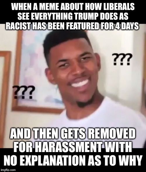 Someone must be butthurt and reporting my images for no reason | WHEN A MEME ABOUT HOW LIBERALS SEE EVERYTHING TRUMP DOES AS RACIST HAS BEEN FEATURED FOR 4 DAYS; AND THEN GETS REMOVED FOR HARASSMENT WITH NO EXPLANATION AS TO WHY | image tagged in what the fuck ngga wtf,memes | made w/ Imgflip meme maker