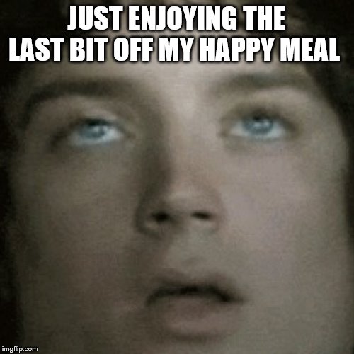 Happy ending frodo | JUST ENJOYING THE LAST BIT OFF MY HAPPY MEAL | image tagged in happy ending frodo | made w/ Imgflip meme maker