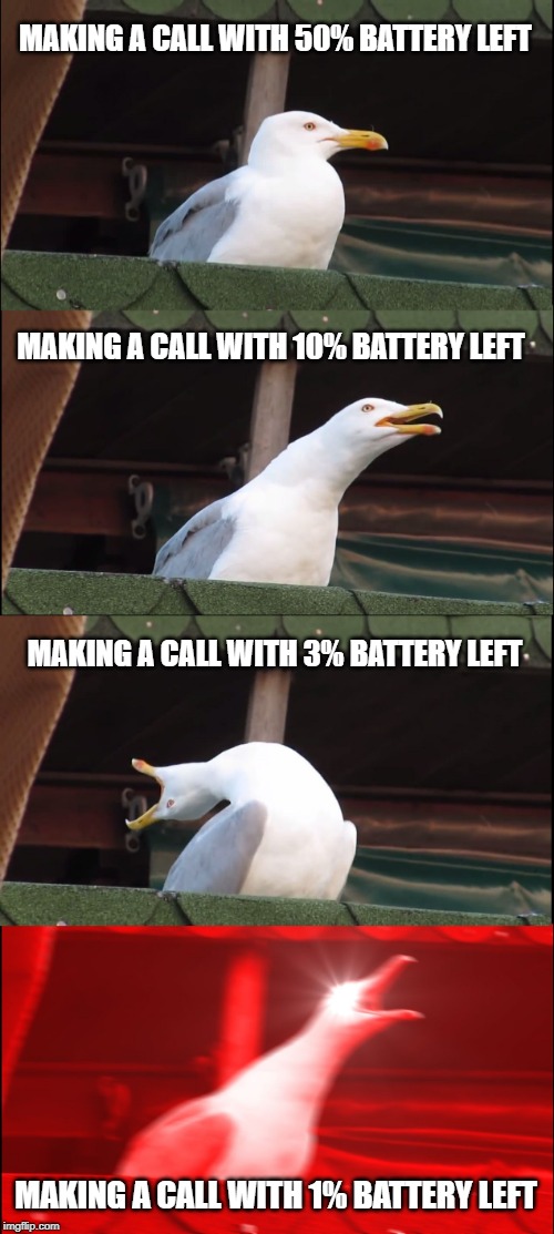 Inhaling Seagull Meme | MAKING A CALL WITH 50% BATTERY LEFT; MAKING A CALL WITH 10% BATTERY LEFT; MAKING A CALL WITH 3% BATTERY LEFT; MAKING A CALL WITH 1% BATTERY LEFT | image tagged in memes,inhaling seagull | made w/ Imgflip meme maker
