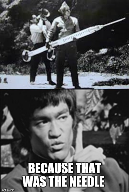 BECAUSE THAT WAS THE NEEDLE | image tagged in hypodermic needle,one bruce lee | made w/ Imgflip meme maker