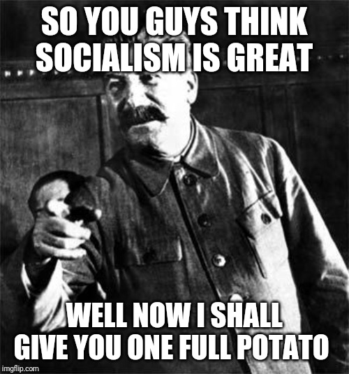 Socialism only bring tyranny | SO YOU GUYS THINK SOCIALISM IS GREAT; WELL NOW I SHALL GIVE YOU ONE FULL POTATO | image tagged in stalin | made w/ Imgflip meme maker