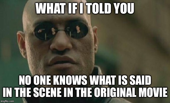 Matrix Morpheus | WHAT IF I TOLD YOU; NO ONE KNOWS WHAT IS SAID IN THE SCENE IN THE ORIGINAL MOVIE | image tagged in memes,matrix morpheus | made w/ Imgflip meme maker