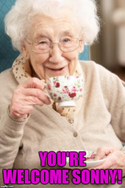 Old lady drinking tea | YOU'RE WELCOME SONNY! | image tagged in old lady drinking tea | made w/ Imgflip meme maker