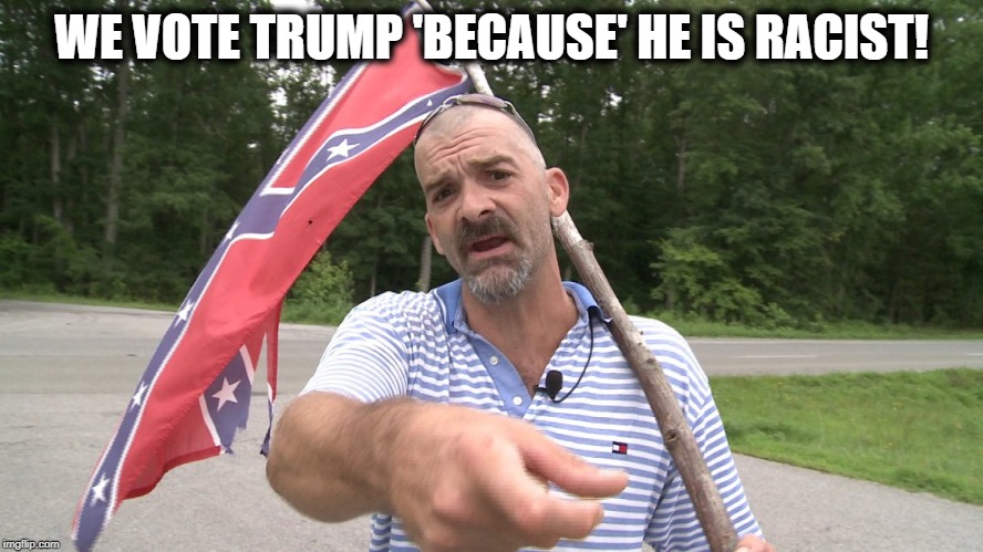 Confed dude | WE VOTE TRUMP 'BECAUSE' HE IS RACIST! | image tagged in confed dude | made w/ Imgflip meme maker
