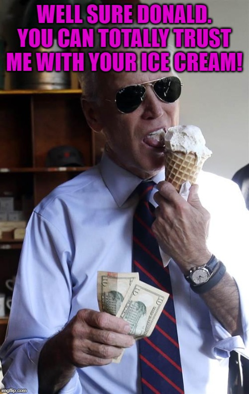 Joe Biden Ice Cream and Cash | WELL SURE DONALD. YOU CAN TOTALLY TRUST ME WITH YOUR ICE CREAM! | image tagged in joe biden ice cream and cash | made w/ Imgflip meme maker