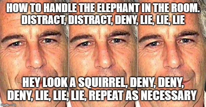 Epstein 3 | HOW TO HANDLE THE ELEPHANT IN THE ROOM.
DISTRACT, DISTRACT, DENY, LIE, LIE, LIE; HEY LOOK A SQUIRREL, DENY, DENY, DENY, LIE, LIE, LIE, REPEAT AS NECESSARY | image tagged in epstein 3 | made w/ Imgflip meme maker