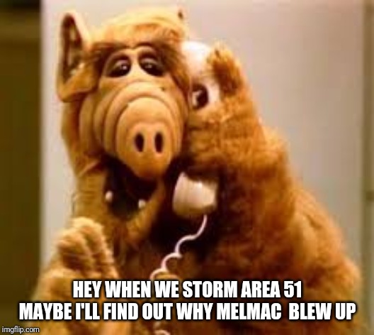 alf | HEY WHEN WE STORM AREA 51 MAYBE I'LL FIND OUT WHY MELMAC  BLEW UP | image tagged in alf | made w/ Imgflip meme maker