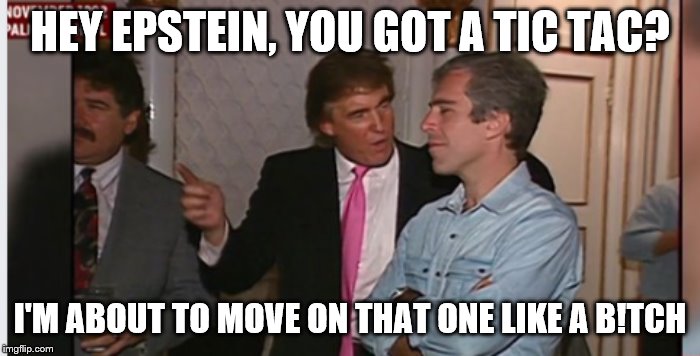 Trump and Epstein | HEY EPSTEIN, YOU GOT A TIC TAC? I'M ABOUT TO MOVE ON THAT ONE LIKE A B!TCH | image tagged in trump and epstein | made w/ Imgflip meme maker