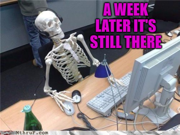 Waiting skeleton | A WEEK LATER IT'S STILL THERE | image tagged in waiting skeleton | made w/ Imgflip meme maker