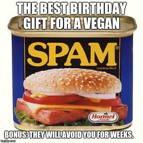 So, I used to have this vegan friend | THE BEST BIRTHDAY GIFT FOR A VEGAN; BONUS: THEY WILL AVOID YOU FOR WEEKS. | image tagged in spam,vegan,eat meat,buh bye,can't take a joke | made w/ Imgflip meme maker