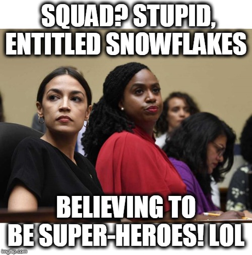 Squad of Snowflake Morons | SQUAD? STUPID, ENTITLED SNOWFLAKES; BELIEVING TO BE SUPER-HEROES! LOL | image tagged in aoc squad,stupid squad,feminazy snowflakes,ocasio moron | made w/ Imgflip meme maker