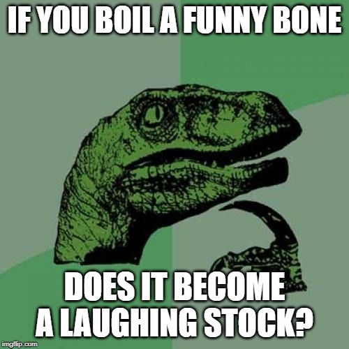 This is pretty humerus | IF YOU BOIL A FUNNY BONE; DOES IT BECOME A LAUGHING STOCK? | image tagged in memes,philosoraptor,jokes,funny | made w/ Imgflip meme maker