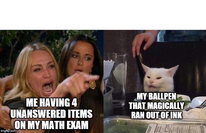 Woman Yelling At Cat Meme | MY BALLPEN THAT MAGICALLY RAN OUT OF INK; ME HAVING 4 UNANSWERED ITEMS ON MY MATH EXAM | image tagged in two women yelling at a cat | made w/ Imgflip meme maker