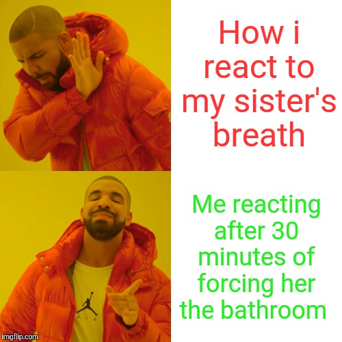 Drake Hotline Bling | How i react to my sister's  breath; Me reacting after 30 minutes of forcing her the bathroom | image tagged in memes,drake hotline bling | made w/ Imgflip meme maker