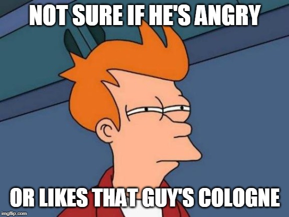 Futurama Fry Meme | NOT SURE IF HE'S ANGRY; OR LIKES THAT GUY'S COLOGNE | image tagged in memes,futurama fry | made w/ Imgflip meme maker