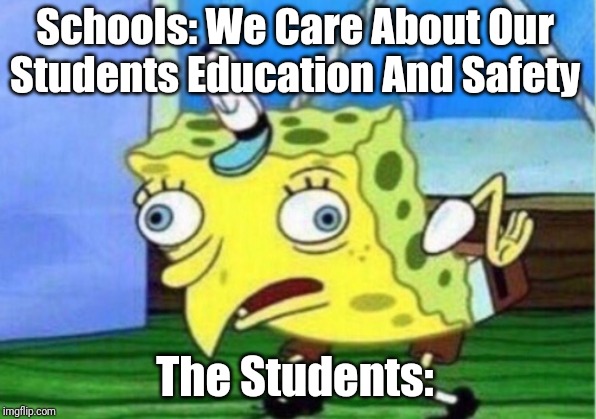 Mocking Spongebob Meme | Schools: We Care About Our Students Education And Safety; The Students: | image tagged in memes,mocking spongebob | made w/ Imgflip meme maker