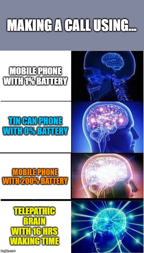 Expanding Brain Meme | MAKING A CALL USING... MOBILE PHONE WITH 1% BATTERY; TIN CAN PHONE WITH 0% BATTERY; MOBILE PHONE WITH 200% BATTERY; TELEPATHIC BRAIN WITH 16 HRS WAKING TIME | image tagged in memes,expanding brain | made w/ Imgflip meme maker