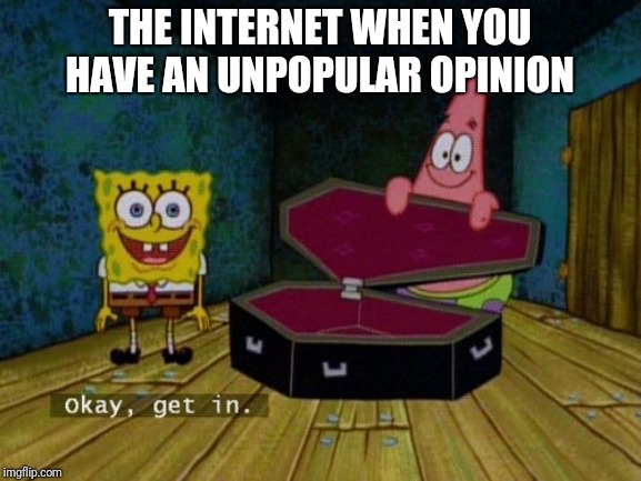 Okay Get In | THE INTERNET WHEN YOU HAVE AN UNPOPULAR OPINION | image tagged in okay get in | made w/ Imgflip meme maker