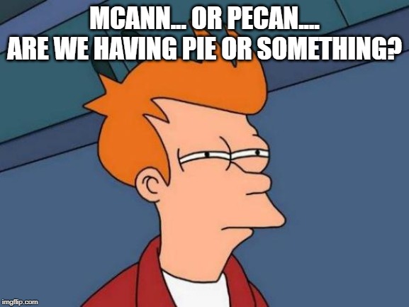 Futurama Fry Meme | MCANN... OR PECAN.... ARE WE HAVING PIE OR SOMETHING? | image tagged in memes,futurama fry | made w/ Imgflip meme maker