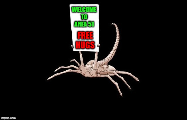 Free hugs while the humans last!!! | WELCOME TO AREA 51; FREE HUGS | image tagged in area 51,memes,aliens,funny,face hugger,free hugs | made w/ Imgflip meme maker