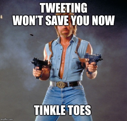 Chuck Norris Guns Meme | TWEETING WON’T SAVE YOU NOW TINKLE TOES | image tagged in memes,chuck norris guns,chuck norris | made w/ Imgflip meme maker