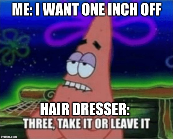 Three, Take it or leave it | ME: I WANT ONE INCH OFF; HAIR DRESSER: | image tagged in three take it or leave it | made w/ Imgflip meme maker