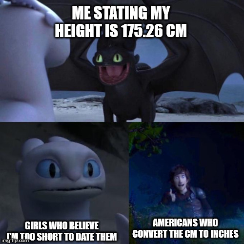 Toothless presents himself | ME STATING MY HEIGHT IS 175.26 CM; GIRLS WHO BELIEVE I'M TOO SHORT TO DATE THEM; AMERICANS WHO CONVERT THE CM TO INCHES | image tagged in toothless presents himself | made w/ Imgflip meme maker