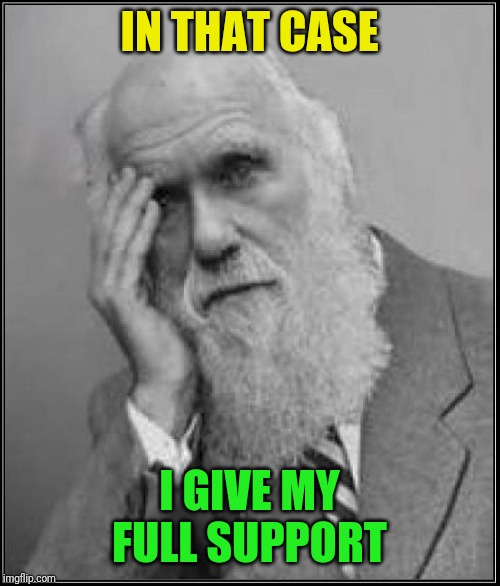 darwin facepalm | IN THAT CASE I GIVE MY FULL SUPPORT | image tagged in darwin facepalm | made w/ Imgflip meme maker