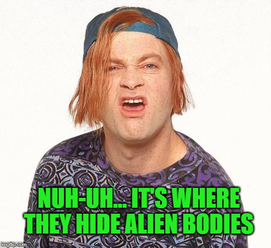 Kevin the teenager | NUH-UH... IT'S WHERE THEY HIDE ALIEN BODIES | image tagged in kevin the teenager | made w/ Imgflip meme maker
