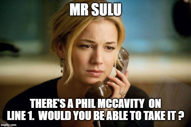 woman on phone | MR SULU THERE'S A PHIL MCCAVITY  ON LINE 1.  WOULD YOU BE ABLE TO TAKE IT ? | image tagged in woman on phone | made w/ Imgflip meme maker