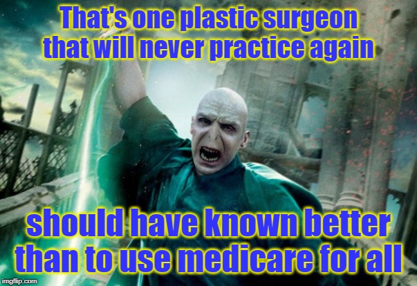 voldemortemer | That's one plastic surgeon that will never practice again; should have known better than to use medicare for all | image tagged in voldemortemer | made w/ Imgflip meme maker