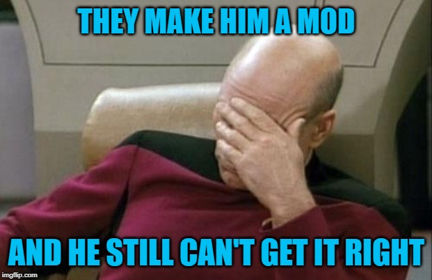 Captain Picard Facepalm Meme | THEY MAKE HIM A MOD AND HE STILL CAN'T GET IT RIGHT | image tagged in memes,captain picard facepalm | made w/ Imgflip meme maker