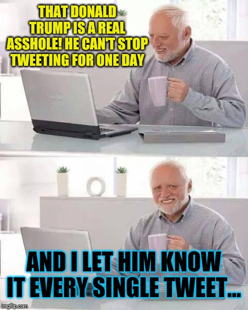 Hide the Pain Harold | THAT DONALD TRUMP IS A REAL ASSHOLE! HE CAN'T STOP TWEETING FOR ONE DAY; AND I LET HIM KNOW IT EVERY SINGLE TWEET... | image tagged in memes,hide the pain harold | made w/ Imgflip meme maker