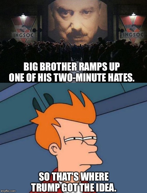 Trump's two-minute hates | BIG BROTHER RAMPS UP ONE OF HIS TWO-MINUTE HATES. SO THAT'S WHERE TRUMP GOT THE IDEA. | image tagged in memes,futurama fry,1984 | made w/ Imgflip meme maker