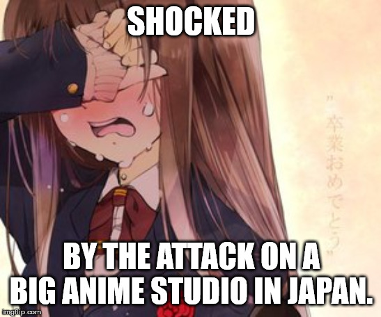 An attacked entered the studio spread fuel all over the place.Yelled "DIE!" and set the studio on fire. | SHOCKED; BY THE ATTACK ON A BIG ANIME STUDIO IN JAPAN. | image tagged in fire,shocked,sad | made w/ Imgflip meme maker