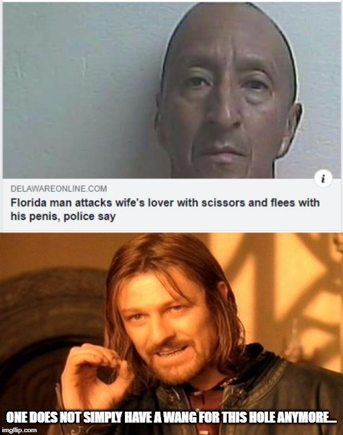 Florida Man Again | ONE DOES NOT SIMPLY HAVE A WANG FOR THIS HOLE ANYMORE... | image tagged in memes,one does not simply | made w/ Imgflip meme maker