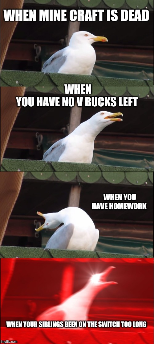 Inhaling Seagull Meme | WHEN MINE CRAFT IS DEAD; WHEN YOU HAVE NO V BUCKS LEFT; WHEN YOU HAVE HOMEWORK; WHEN YOUR SIBLINGS BEEN ON THE SWITCH TOO LONG | image tagged in memes,inhaling seagull | made w/ Imgflip meme maker